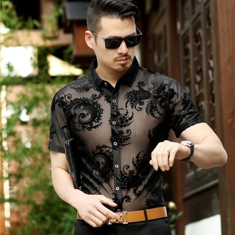 Летние Новые Сексуальные мужские прозрачные цветочные рубашки с вышивкой