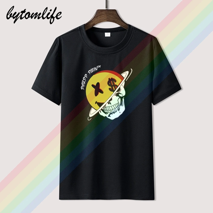 

Plein Funny Face Skull Retro Casual T Shirt Men's Summer Black 100% Cotton Short Sleeves O-Neck Tee Shirts Tops Tee Unisex