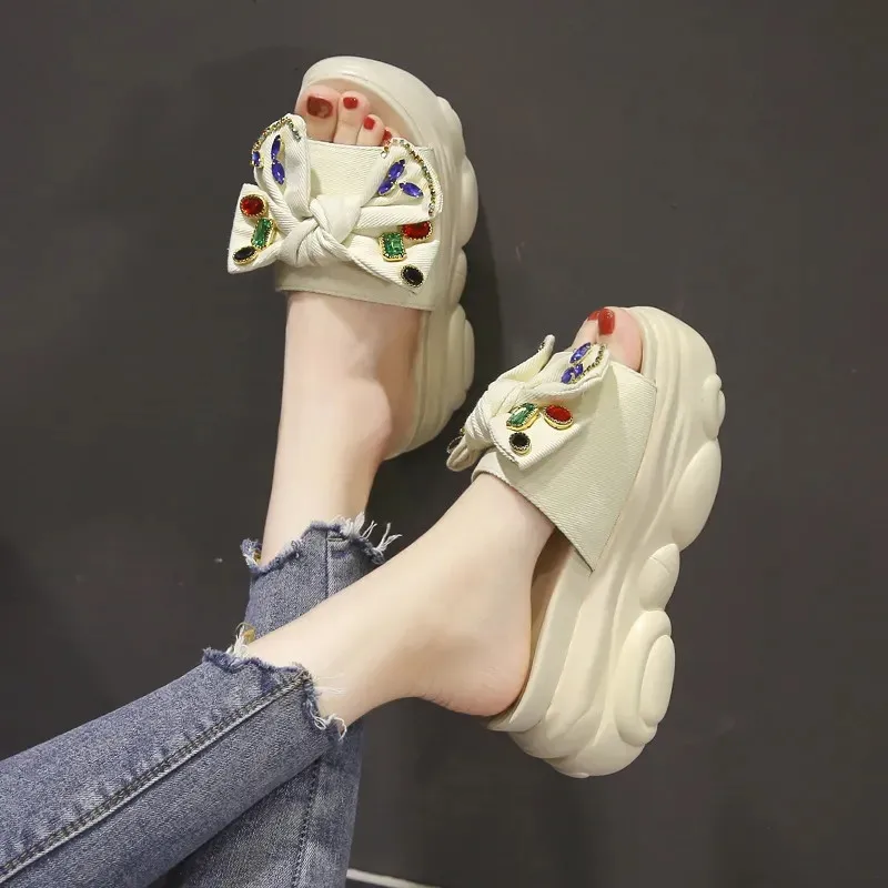 

Classic Yellow Rhinestone Butterfly-knot Women Platform Shoes Summer New Canvas Increase Slippers Non-Slip Peep Toe Beach Shoes