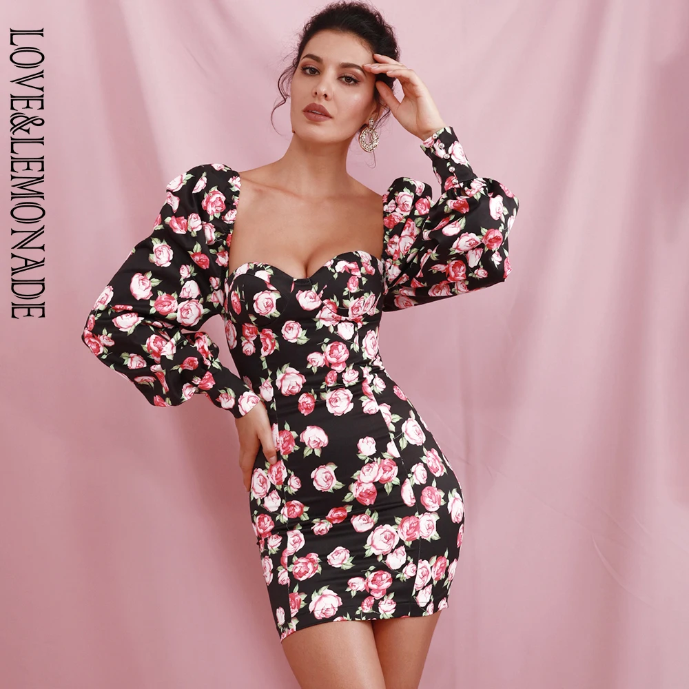 Женское облегающее мини платье LOVE & LEMONADE черное с длинным рукавом и цветочным