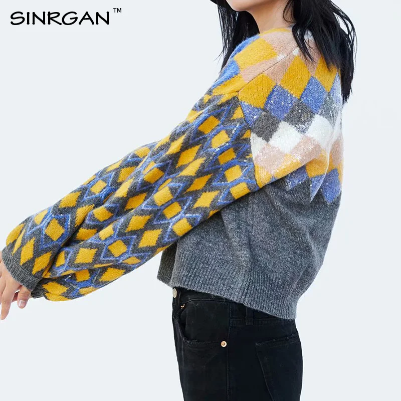 SINRGAN Geometric O Neck Knitted Sweater 2020 Autumn Winter Fashion Female Pullover Warm Thicken Tops | Женская одежда
