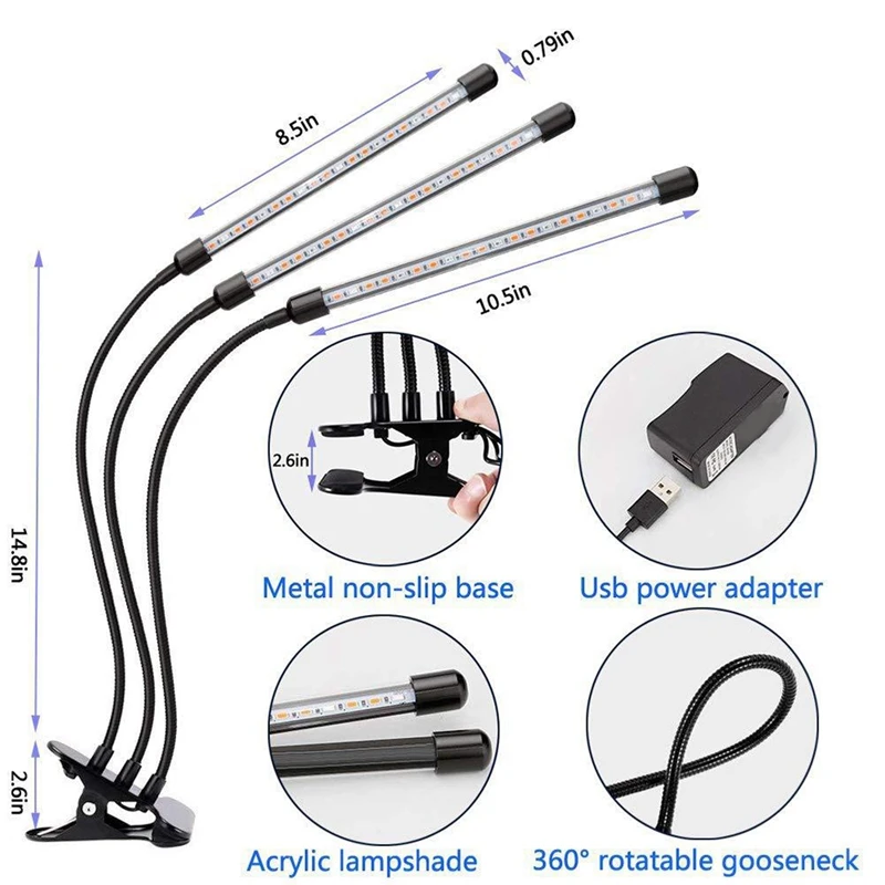 

Plant light Grow Light Tri Head LED Plant Lights 30W Full Spectrum Timing Dimmable Brightness for Indoor Plants