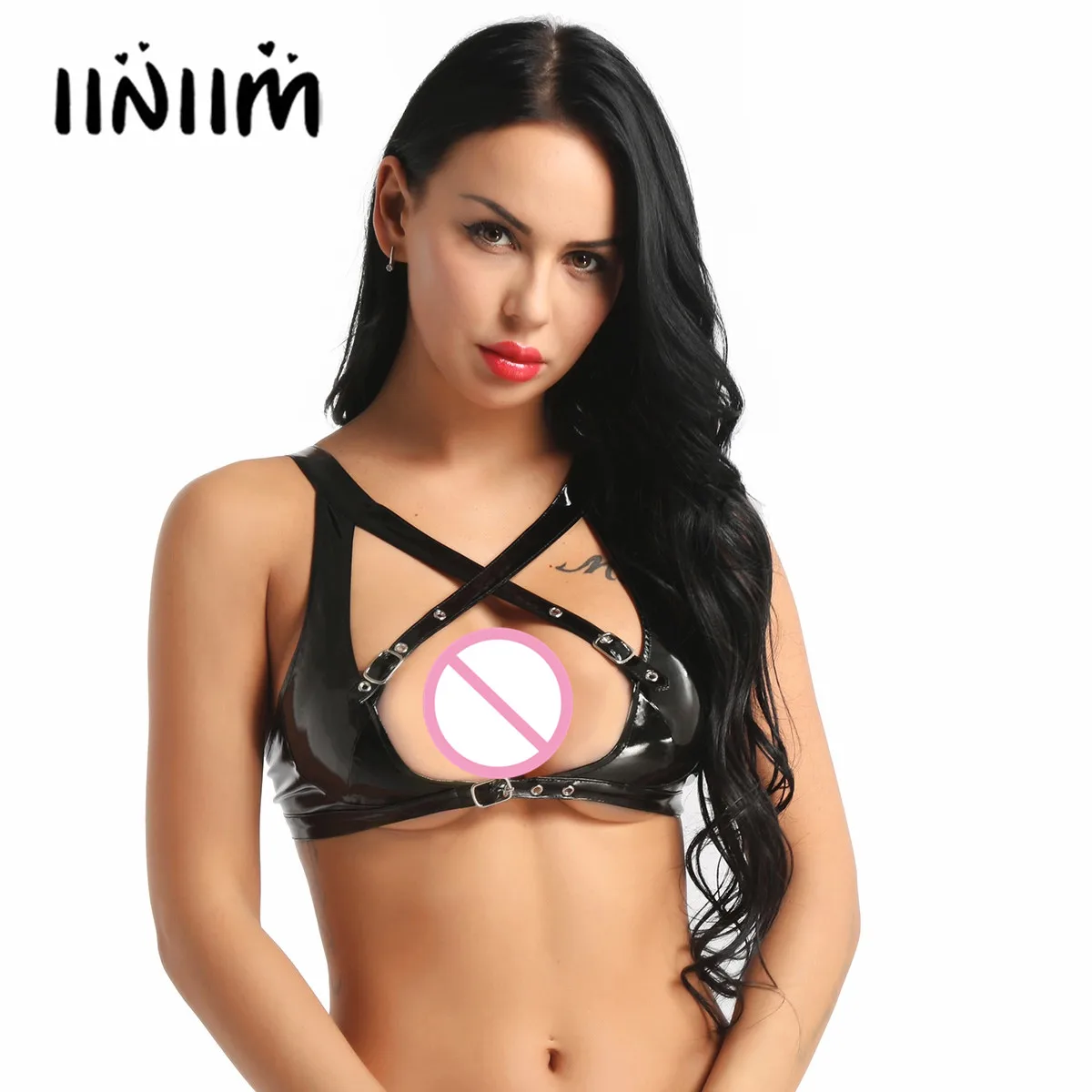 

Womens Ladies Camis Tanks Wetlook Lingerie Sexy Club Exotic Tanks Leather Wire-free Femme Unlined Bra Top with Buckle Straps