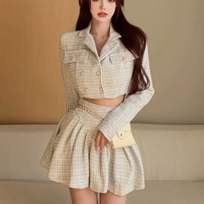 

High Quality 2021 Fall Vintage Tweed 2 Piece Set Women Short Double Breasted Suit Coat + Sexy Mermaid Mini Skirts Two Piece Suit