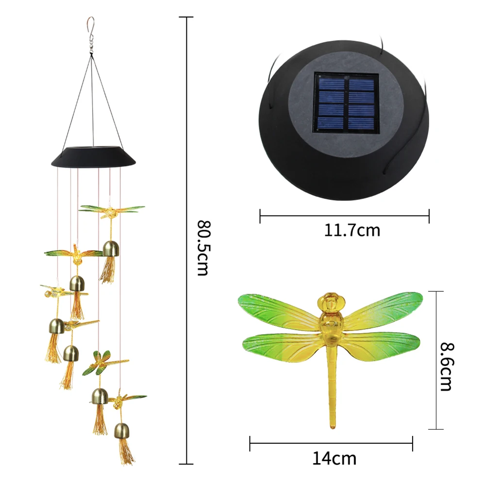 

Solar Power Wind Chime Lamp Colorful Dragonfly Maple Windbell Pendant Light Waterproof Outdoor Decorative Lights for Home Garden