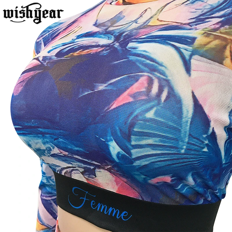 

Tie Dye Digital Print Mesh Two Piece Set Women's Flare Sleeve Crop Top And Pnecil Pants Fashion Sexy Suit Night Club Wear Outfit