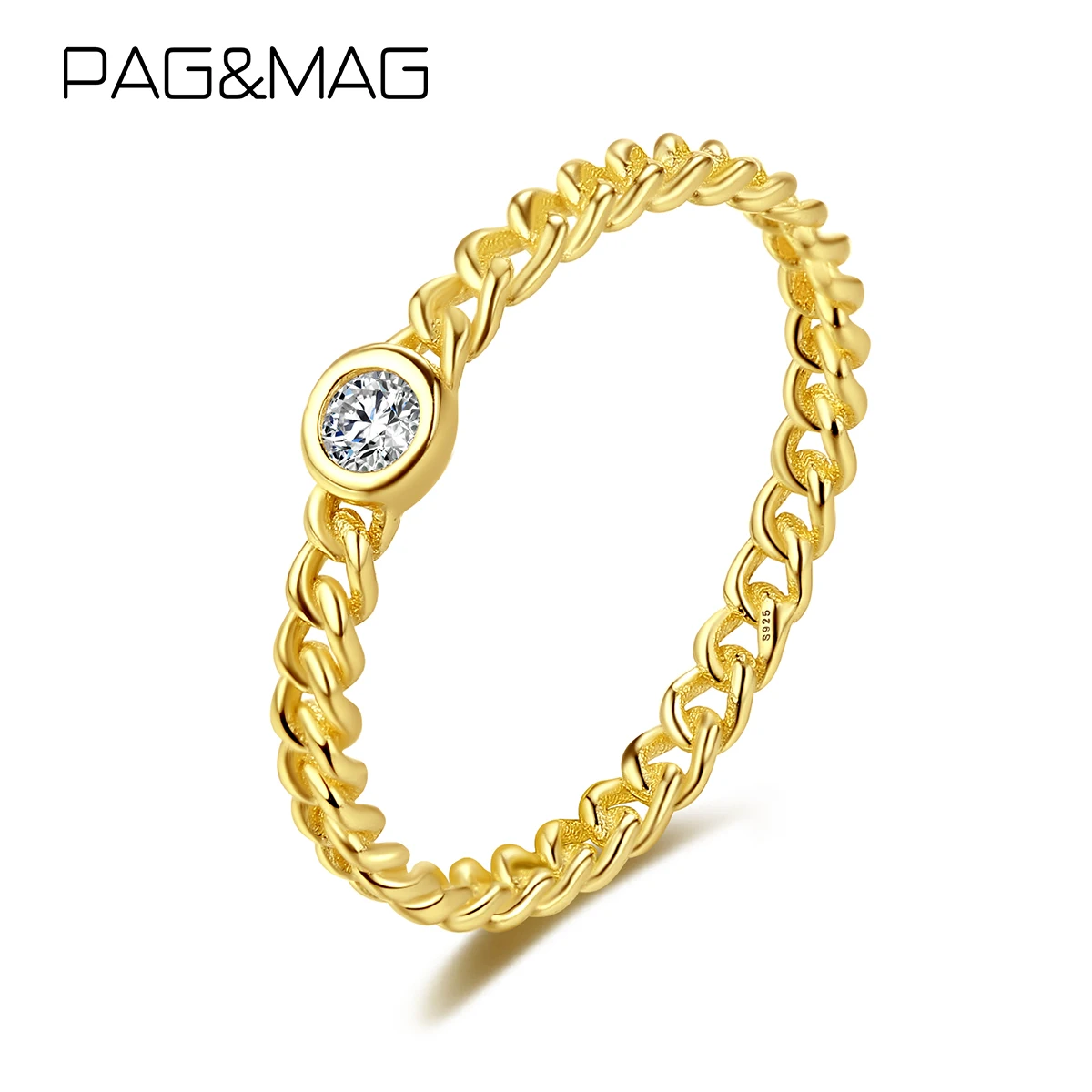 

PAG&MAG Simple 925 Sterling Silver Chian Shape Rings For Women 14K Gold Plating Statement Weeding Band Fine Jewelry