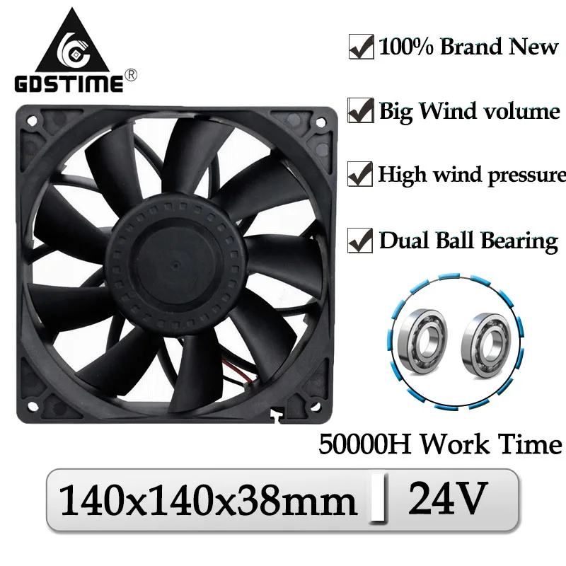 1 шт. Gdstime DC 24 В 140x140x38 мм 140 двойной шар бесщеточный чехол для компьютера кулер 140x38 14