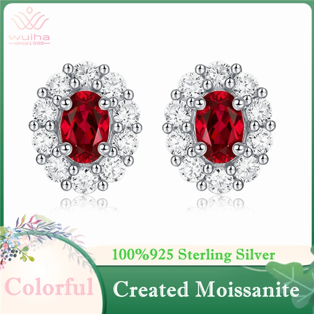 

WUIHA Vintage 925 Sterling Silver Oval Cut 0.5CT Ruby Created Moissanite Gemstone Wedding Engagement Studs Earrings Fine Jewelry