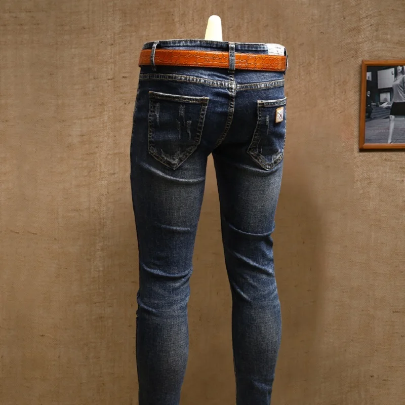 Fashion Mens Skinny Ripped Jeans Blue Midweight Jean Pencil Pants for Men Streetwear