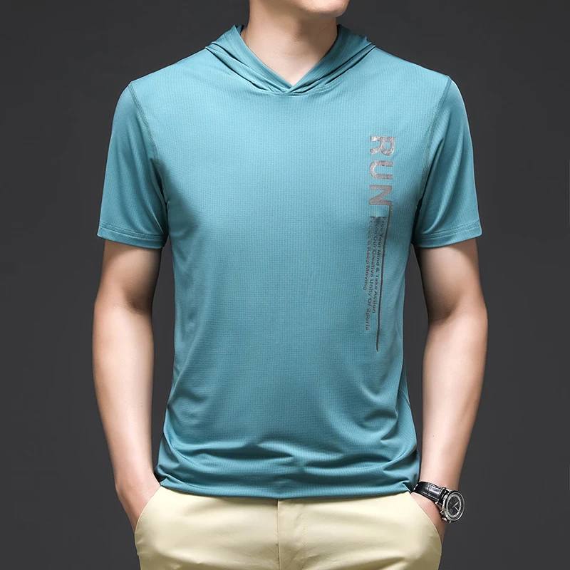 

Huncher Mens Hoodies Men Summer Fashion Running Jerseys Slim Fit Elastic Quick Dry Bodybuilding Ice Silk Black Hoodie Men