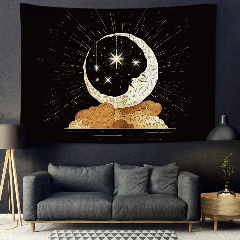 

Abstract Golden Moon God Girl Tapestry Starry Sky Black Background Moonphase Tapestries for Home Dorm Wall Decor Blanket Carpet