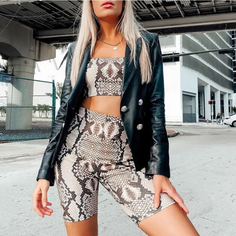 

Hirigin Fashion 2PCS Women Sexy Snakeskin Skinny Tube Top Bodycon Outfit Jumpsuit Playsuit Short Pant Set Outfit