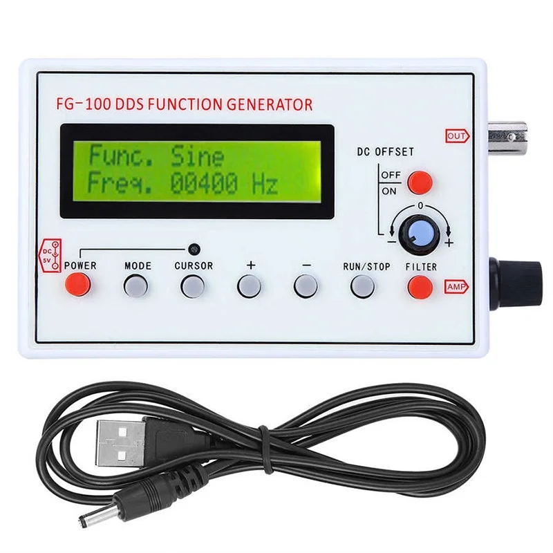 

DDS Signal Generator LCD Display 1Hz-500KHz Functional Sine Triangle Square Frequency Sawtooth Wave Waveform FG-100 DC 3.7-10V