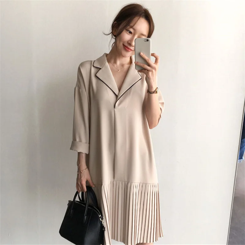 

Mazefeng New 2020 Spring Summer Women Dresses Vintage Notched Patchwork Female Fashionable Loose Elegant Pleated Midi Dresses