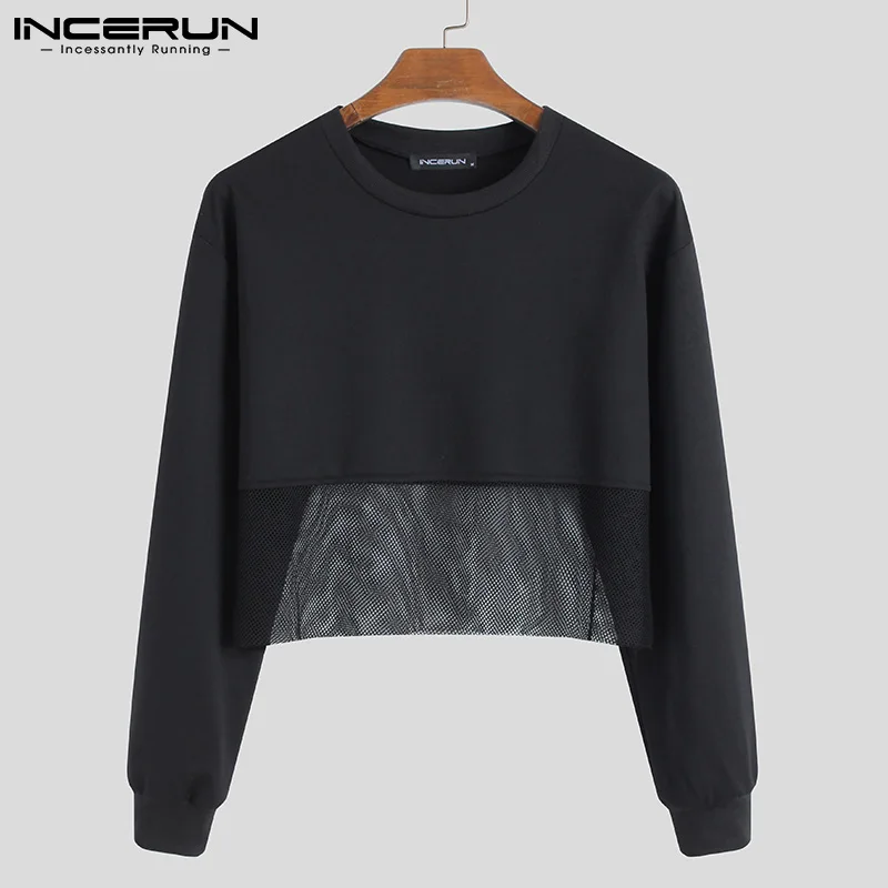 

Tops 2021 American Sexy Leisure Style Men's Breathable Mesh Short long-sleeved T-Shirt Stitching Solid Comfortable S-5XL INCERUN