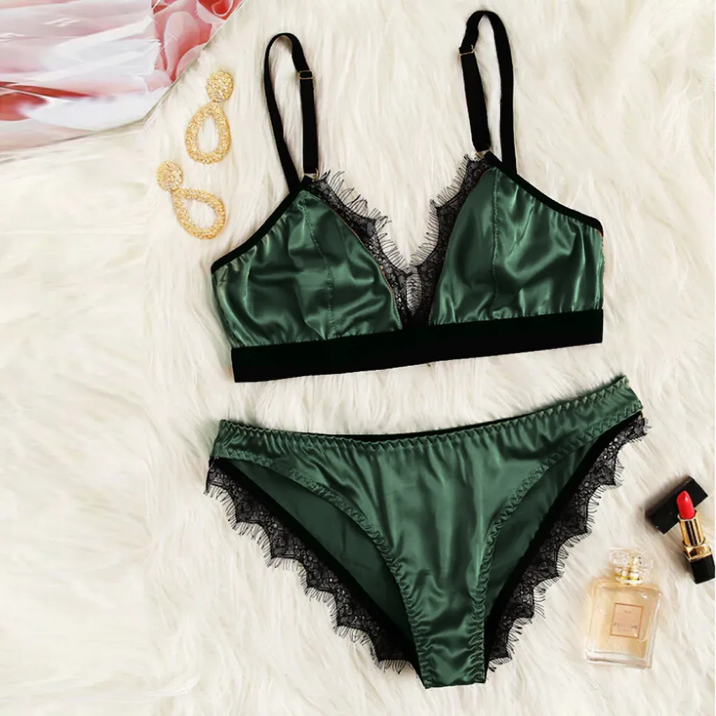 Женский комплект нижнего белья атласный кружевной с бюстгальтером в стиле