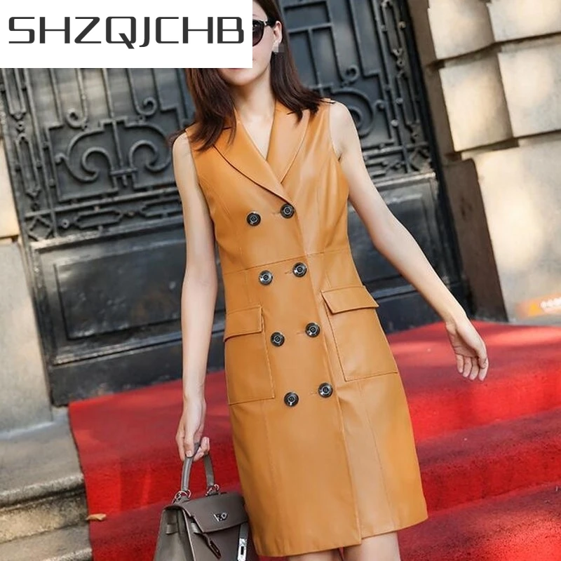

JCHB 2021 Office Lady Lapel Collar Double Breasted Sleeveless Dress Knee Length Womens Luxury Sheepskin Real Leather Sarafan Par