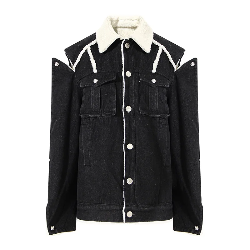 

ZCSMLL 2021 new winter fashion women clothes turn-down collar full sleeves black spliced flocking single breasted loose jacket