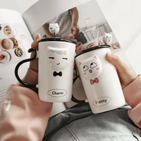 cartoon cat mug lovely pet holiday gift ceramic water bottle with cover and spoon embossed animal modeling couple coffee cup