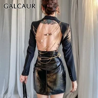 galcaur back patchwotk metal chain womens blazer coat lapel collar long sleeve hollow out for female causal coat fashiont tide