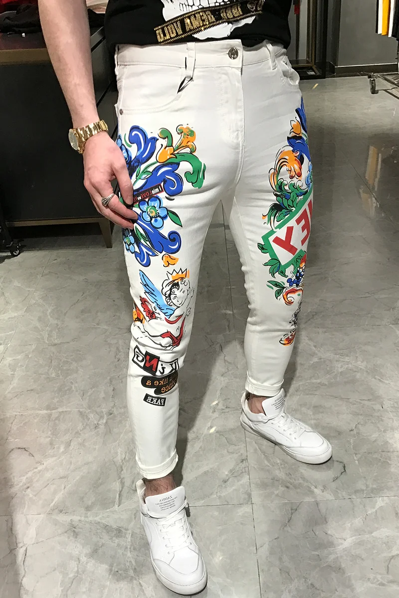 

Graffiti Printing Trend Korean Slim Men Jean Calca Jeans Masculina 2020 Painting Personalized Hole Denim Jeans Men Designer Jean