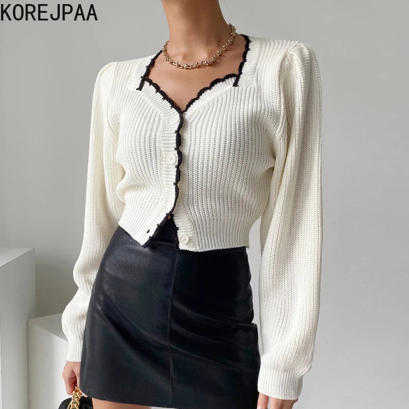 

Korejpaa Hit Color Women Cardigan Elegant Square Collar Long Sleeve Single Breasted Cropped Sweater Thin Knitwear Casual