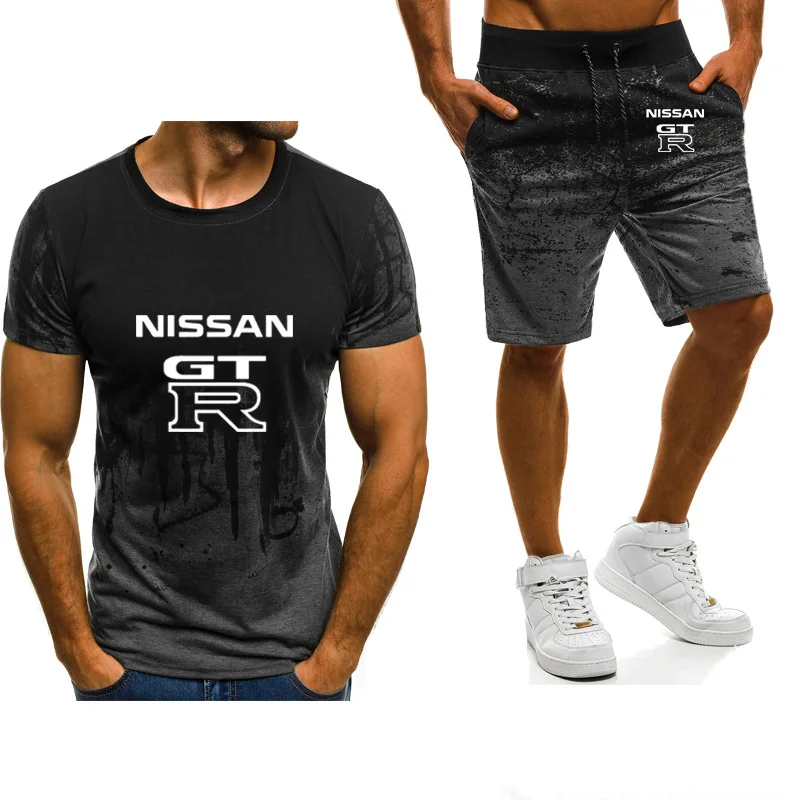 

New 2021 Men's short sleeve GTR Car Logo Printed Gradient High Quality Cotton O-neck Mens T-Shirt Pants Suit 2Pcs