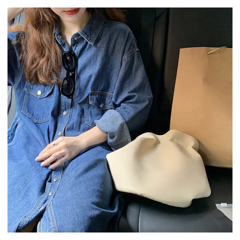 

Denim Maxi Dress Women Koean Style Pop Loose Natural Waist Long Sleeve Long Dress Turn Down Collar Shirt Dresses Robe