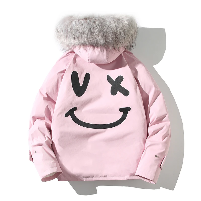 

2020 Winter Harajuku Hooded Jackets Men Hip Hop Fur Collar Parkas Casual Smile Face Coats Mens Streetwear Windbreaker