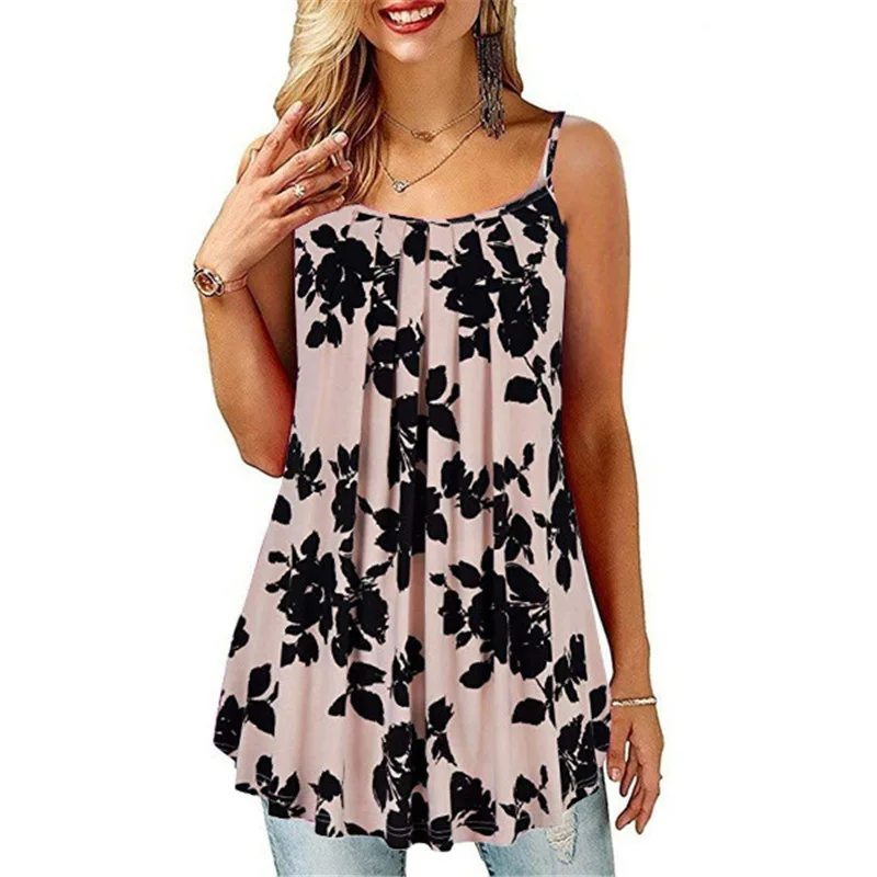 

2021 New Fashion Printing Folds Big Swing Loose Sling Sexy Strapless Sling Women's Vest Summer Leisure Loose Beach Holiday Style