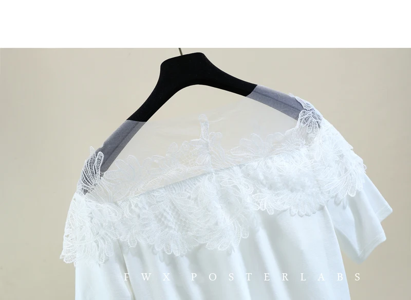 

2021 Summer Ladies New Elegant Slimming Patchwork Mesh Lace Tee Women's Off-Shoulder Short Sleeve T-shirt Fashion Pullover Top