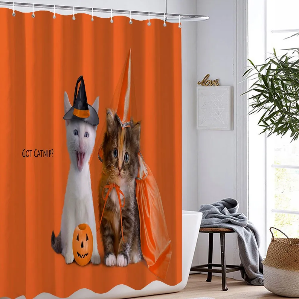 

Two Cats/Pumpkin Shower Curtains Orange Washable Bath Curtain Home Textile Bathroom Curtain Toilet/U-shape/Carpet Shower Curtain