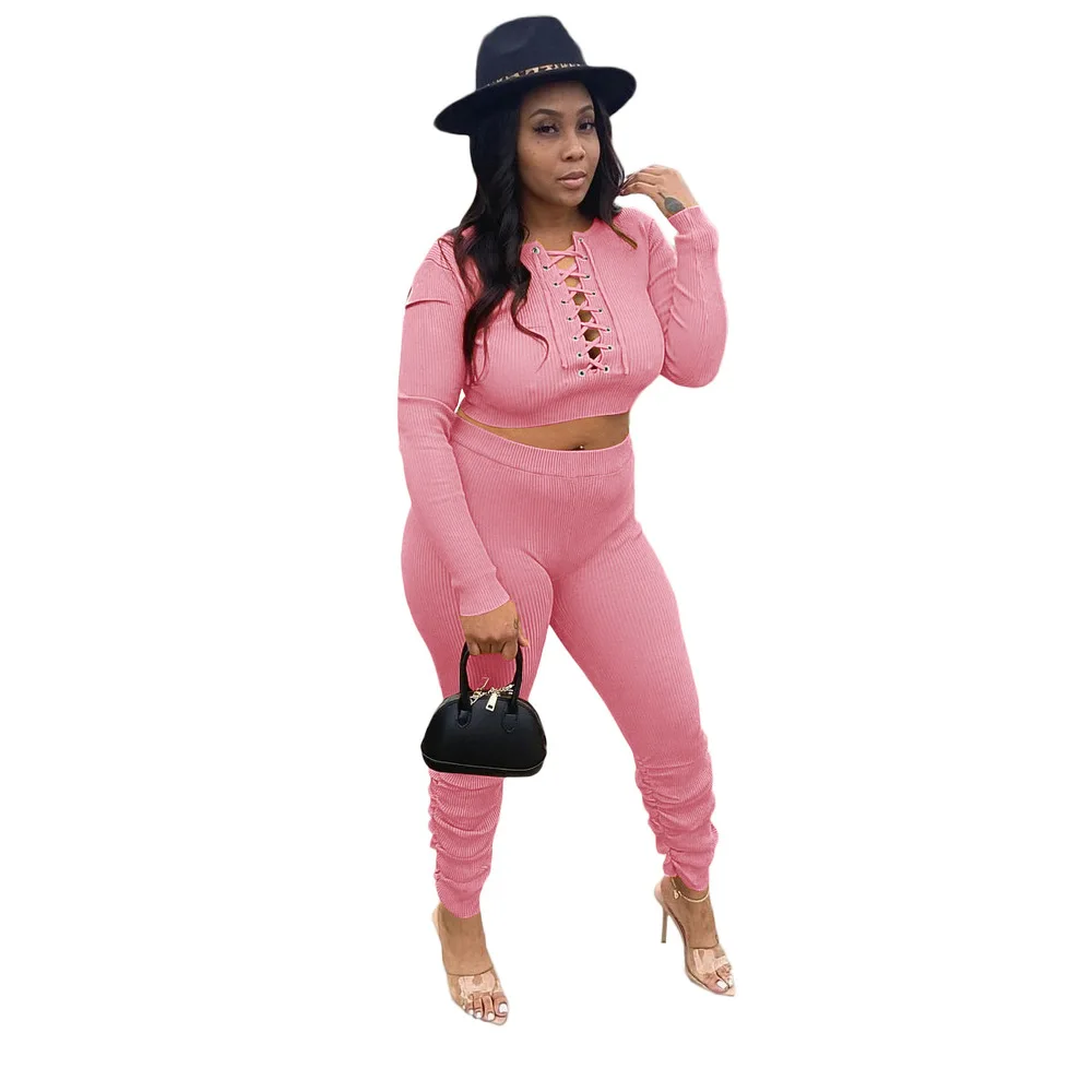 

Activewear Elastic Hight Ribbed Two Piece Set Women Fashion Lace Up Bandage Crop Top+high Waist Stacked Pant Sportswear Outfits