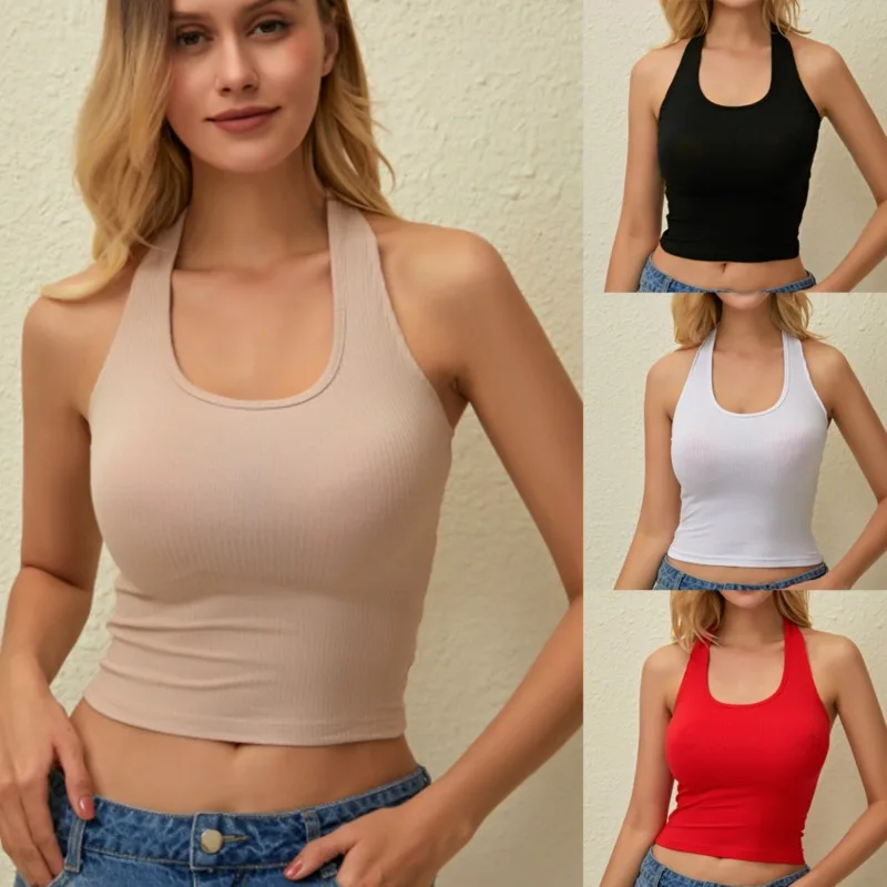 

Women Summer Vintage Sleeveless Camis Women's Ribbed Halter Tank Top 90s Cool Girls Streetwear Soft Tees white corset top basic