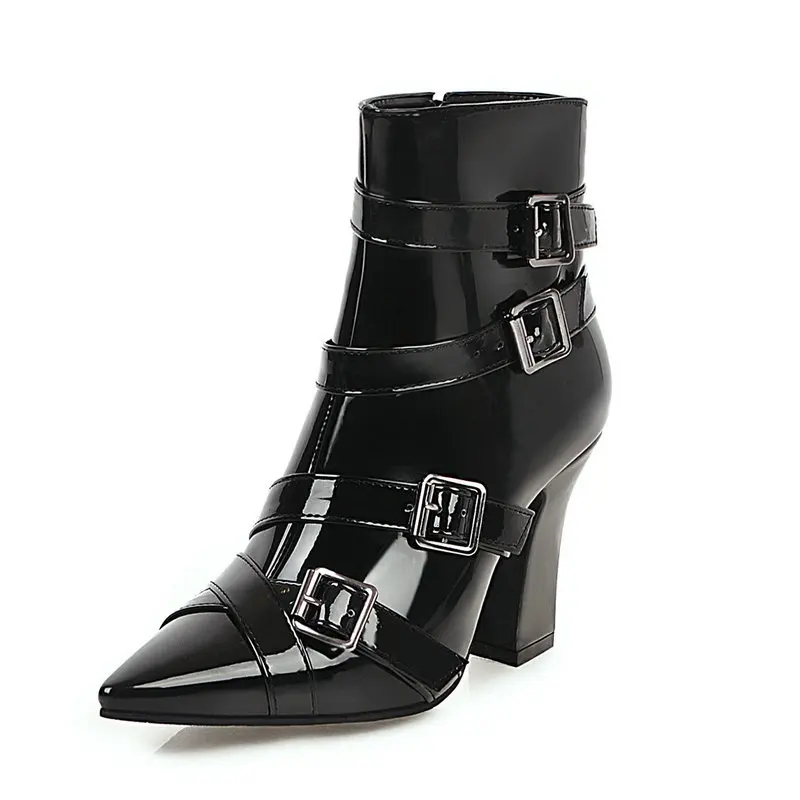 

Women Boots Fashion Buckle Sqaure High Heel Ankle Boots Pointed Toe Autumn Winter Zipper Boots 2019 New Style Ladies Shoes