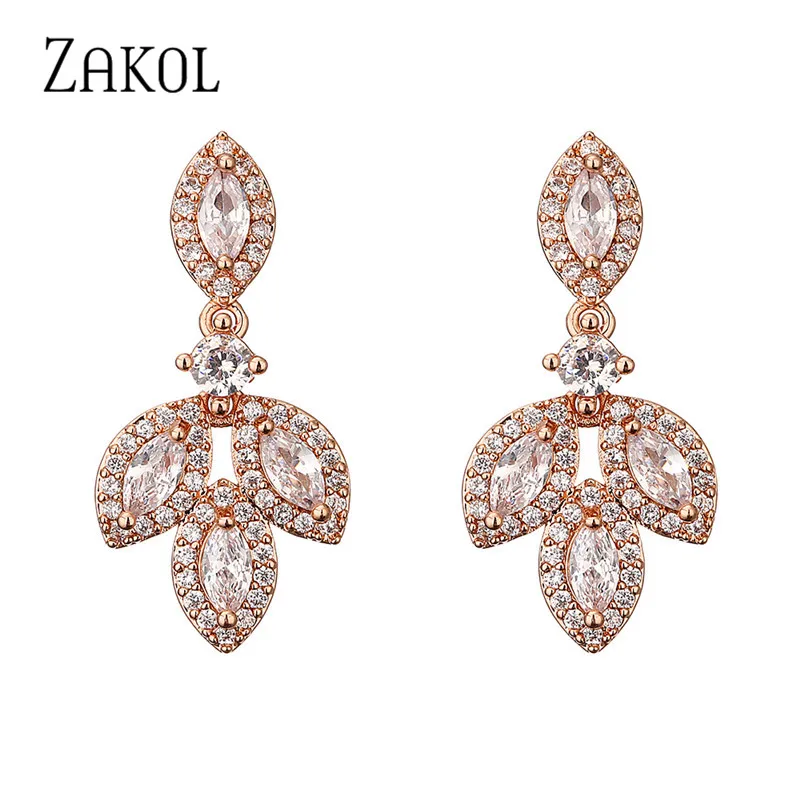 

ZAKOL TRENDY Leaf Water Drop Cubic Zirconia Stud Earrings for Women Luxury Female Copper Alloy Wedding Jewelry EP2957