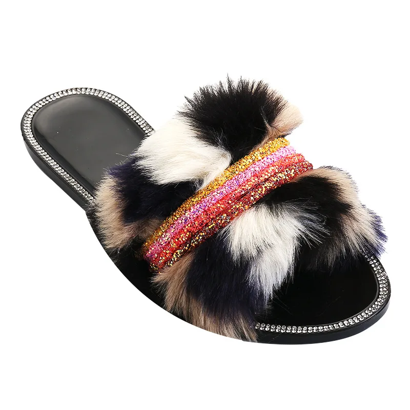 

2021 Summer Sexy Faux Fur Rhinestone Slippers Women Furry Fluffy Sandals House Flats Shoes Female Casual Flip Flops Slides