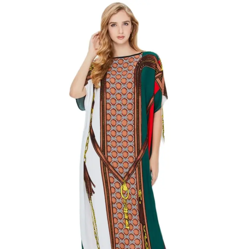 

2021 Summer New Abaya Women's Muslim Middle East Dubai Style Round Neck Printed Short Sleeve Loose Commuter Robe Dress