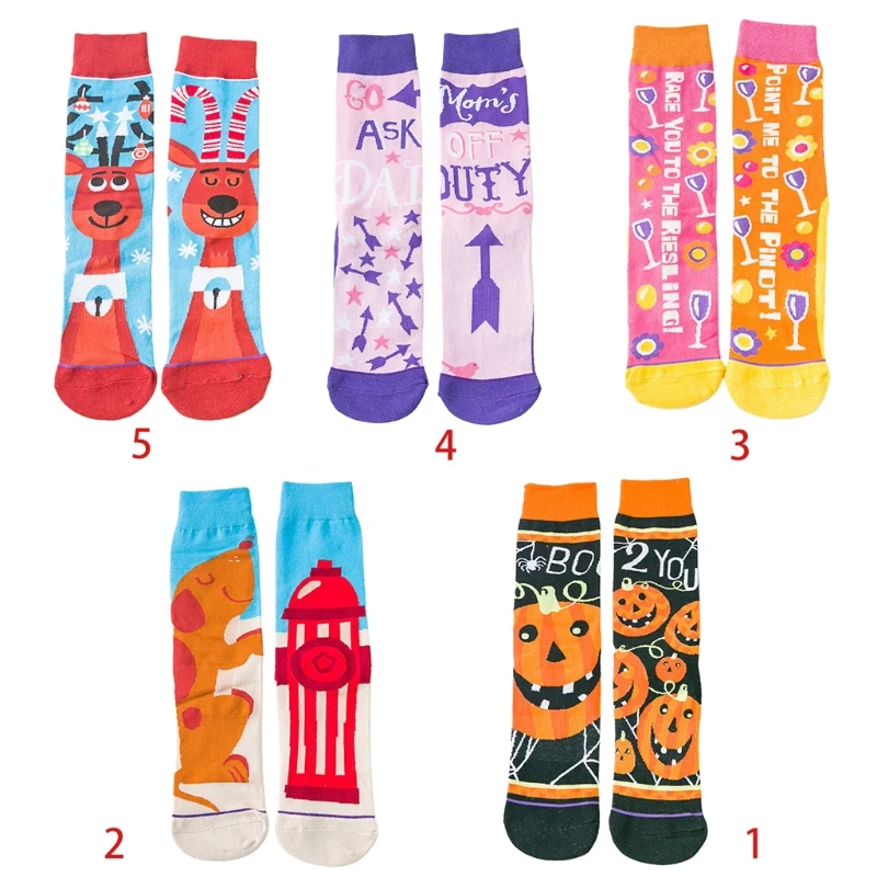 

Women Men Halloween AB Asymmetrical Cotton Long Crew Socks Novelty Cartoon Pumpkin Dog Deer Print Holiday Party Stockings Hosier