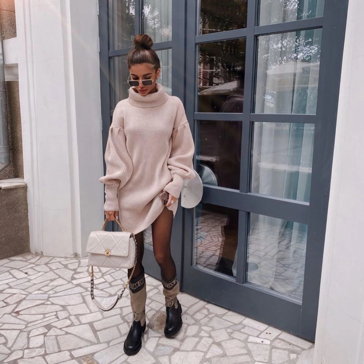 

2021 New Turtleneck Knit Sweater Autumn Winter Dress Women Lantern Sleeve Bodycon Jumper Dress Oversize Festival Sweater Dresses