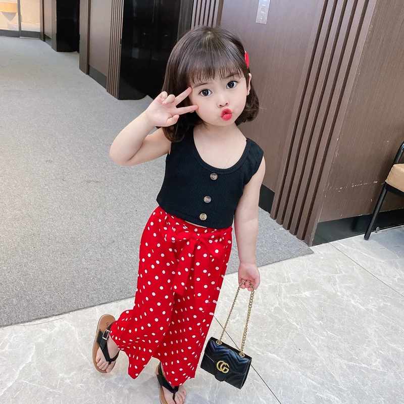 

Girls Sets Fashion Suit Vest + Wide Leg Pants Dot Chiffon Pants Thin Summer Capris Two Piece Set