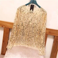 women sexy long sleeve perspective gauze mesh lace shirt sequined hand beading rivet embellished blouse top vintage casual