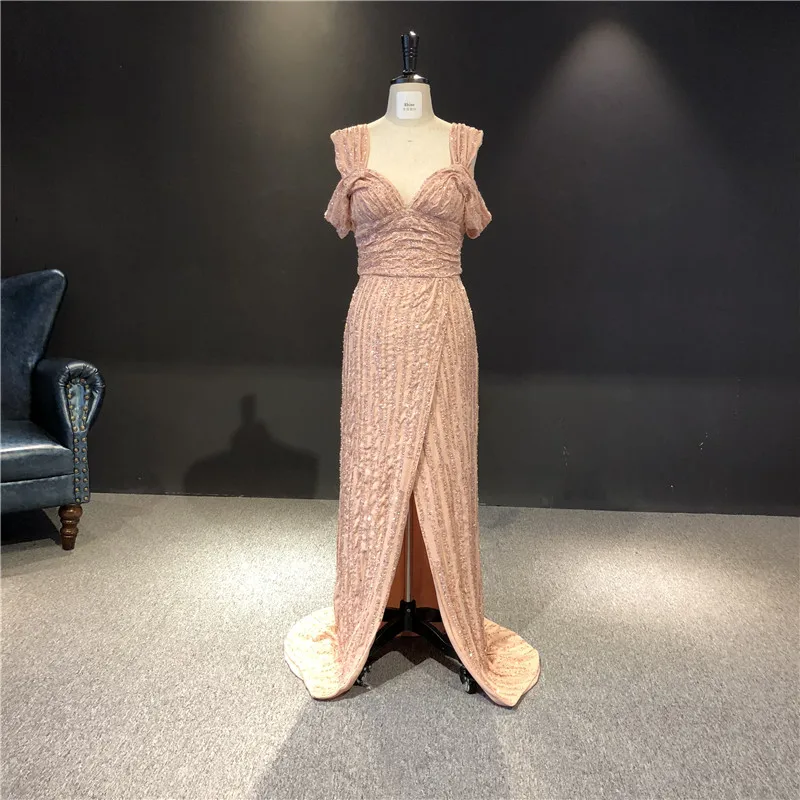 

Mangusha 2021 Nude Evening Dress Real Photo Customized Split Open Back Floor Length with Small Train Prom Party Bridal Dress