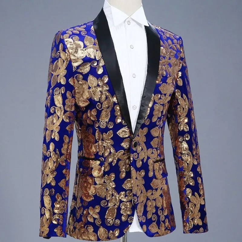 

2020 New Mens Slim Fit Sequins Embroidery Blazer Jacket Velvet Formal Dress Suit Shawl Collar Single Botton DJ Show Blazer Coat