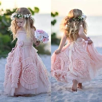 pink flower girl dresses spaghetti ruffles hand made flowers lace tutu 2021 vintage little baby gowns for communion boho wedding