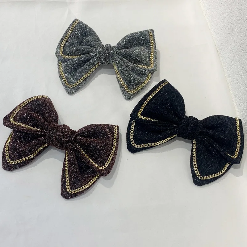 

Корейские аксессуары для волос Dongdaemun, модная яркая шелковая металлическая цепочка, обрезанный бант, верхний зажим, зажим для волос для взрослых
