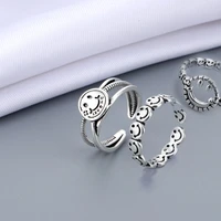 fashion retro geometric silver smiley face male and female open ring personality design punk hip hop jewelry gift adjustable