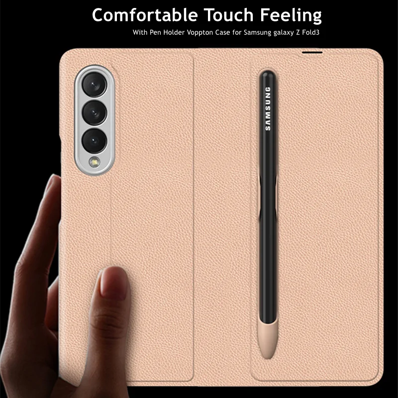 plain leather folding s pen holder case for samsung galaxy z fold 3 fold3 5g phone cover full protection pen slot cover free global shipping