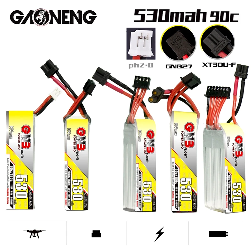 

Оригинальный литий-полимерный аккумулятор GNB Max 180C HV 1S 2S 3S 4S 6S 530 мАч 90C PH2.0/GNB27/детали для FPV радиоуправляемого вертолета дрона